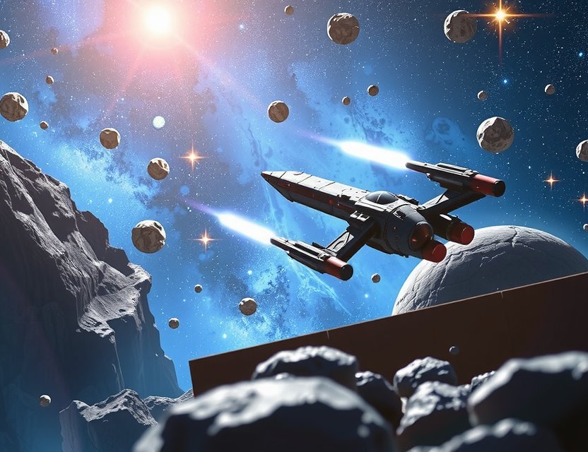 Echoes of Aethel game screenshot showing a spaceship in a procedurally generated galaxy